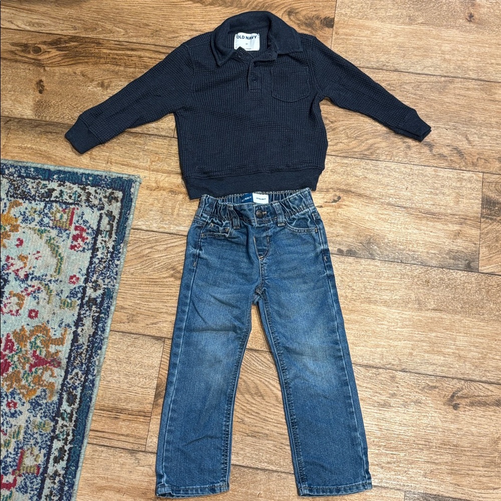 Old Navy Navy Waffle Knit Sweater and Straight cut Jeans